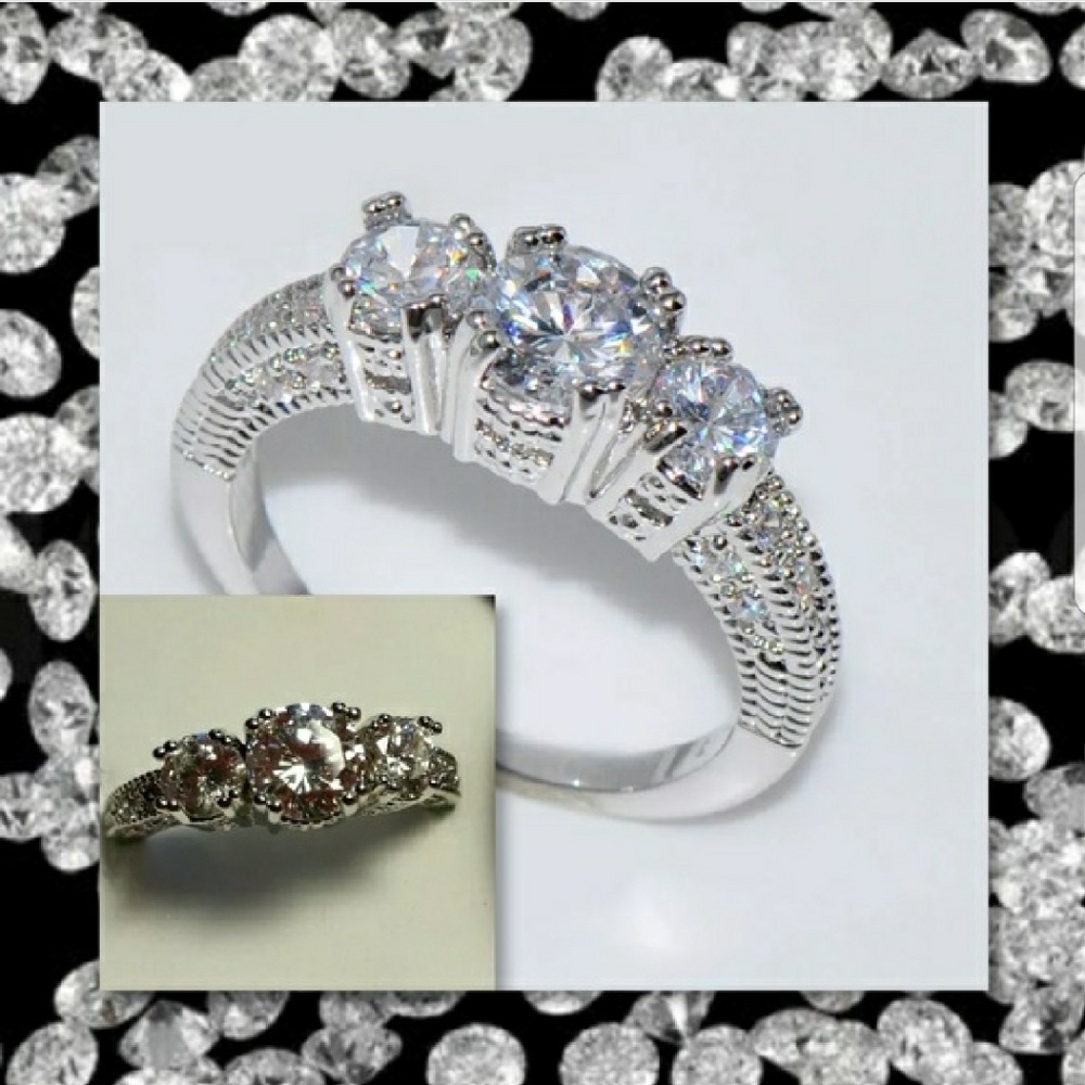 Three-Stone Silver-Tone CZ Engagement